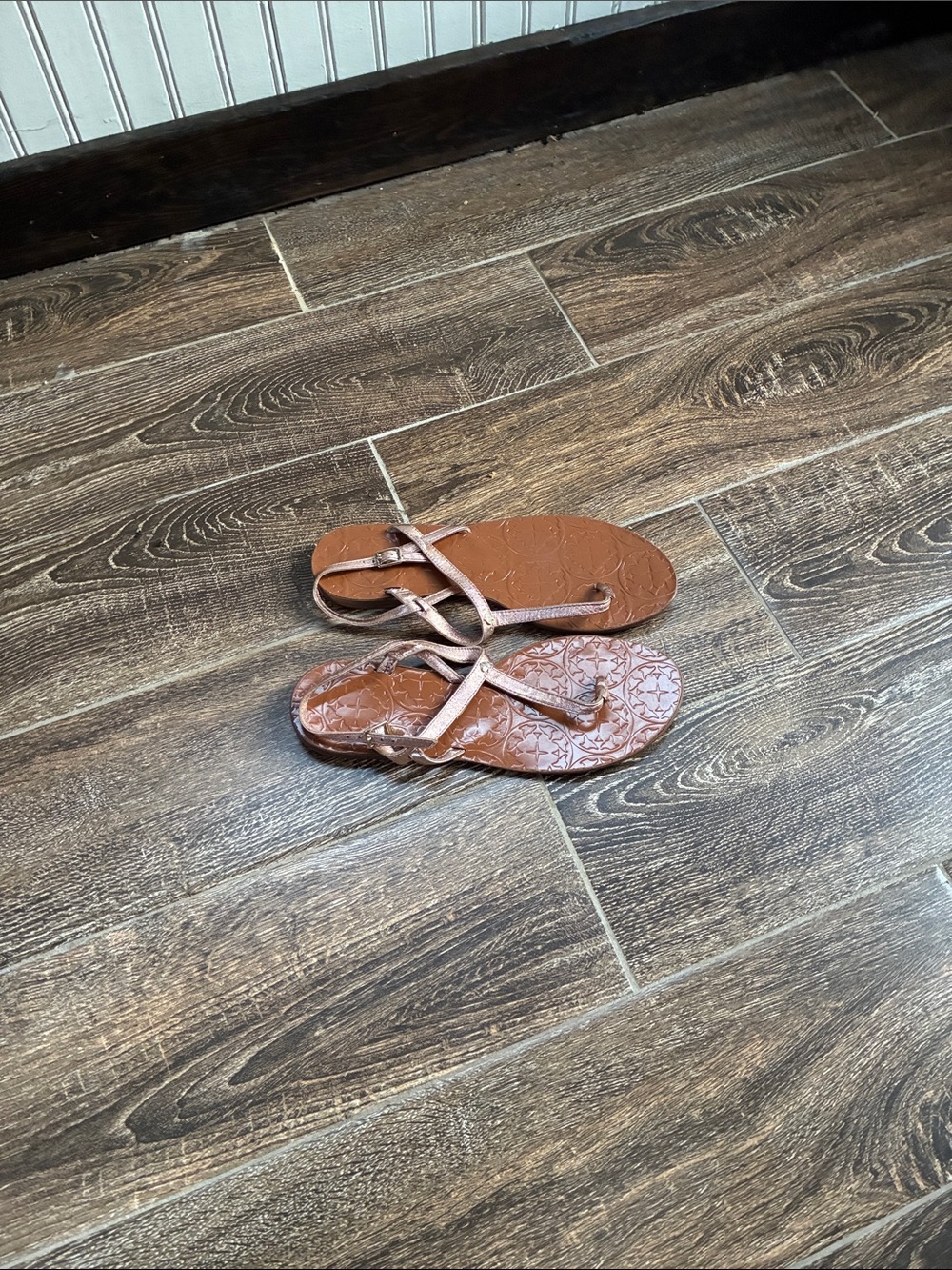 kate spade Brown Embossed T-Strap Sandals